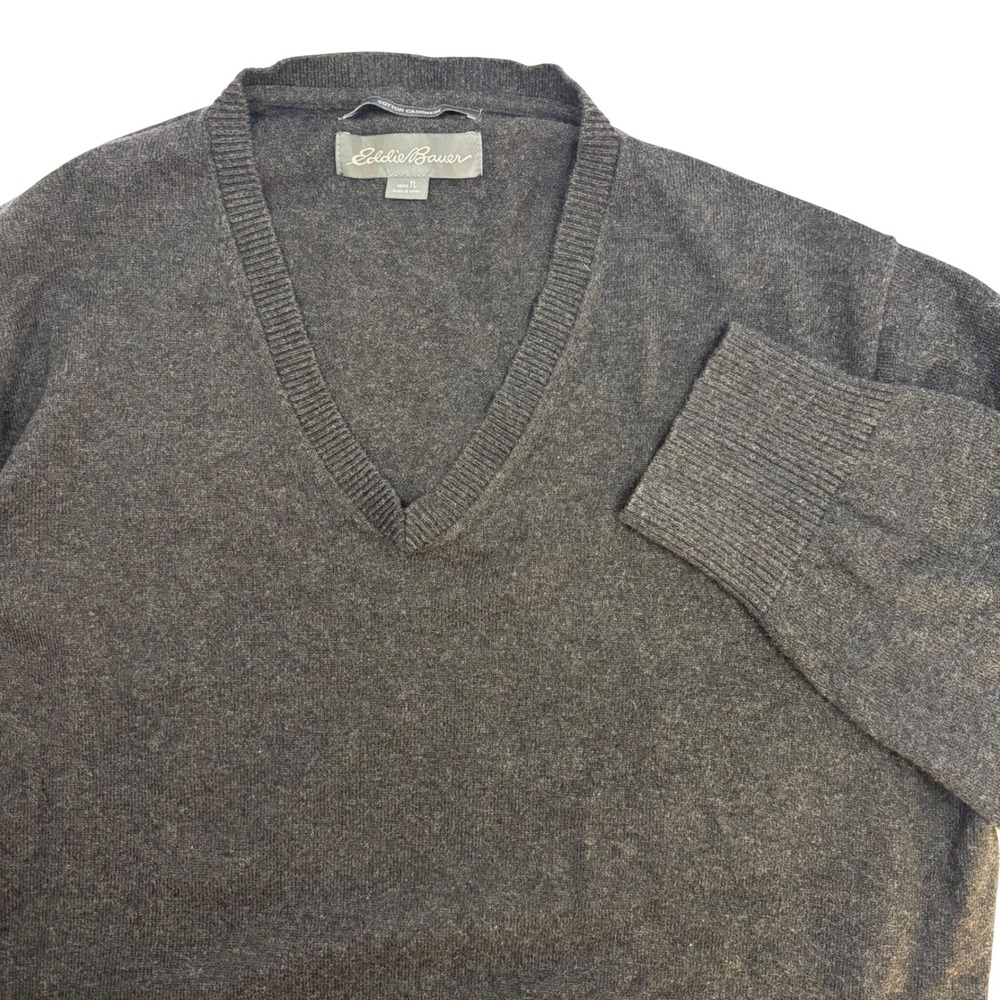 Eddie Bauer Mens Tall TL Charcoal Gray Cotton‎ Cashmere V-Neck Sweater